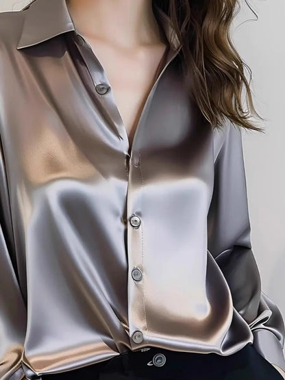 2025 Summer Women's Satin Shirts Elegant Plain Long Sleeve Blouse Office Lady Button-Up Shirt Top Female Shirts Blouse Autumn.