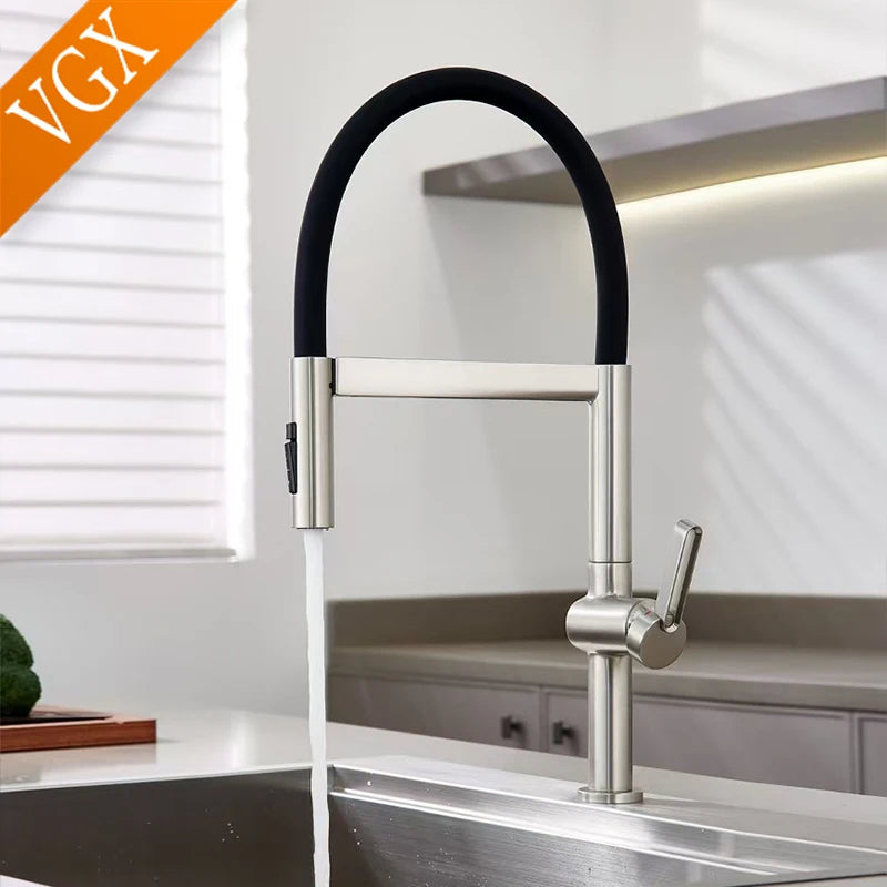 VGX Brushed Kitchen Faucet Sink Faucets Rubber Pull Down Stream Sprayer Taps Rotatable Kitchen Mixer Water Tap Hot Cold Crane