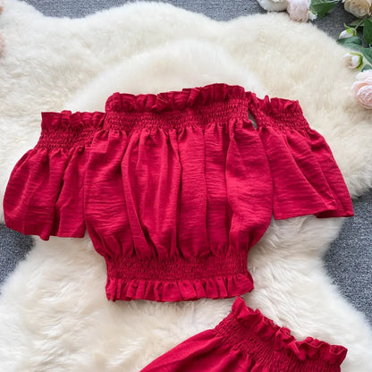 2024 Summer Green/Black/Red Two Piece Set Women Sexy Slash Neck Short Tops + High Waist Wide Leg Pants Female Suit New.