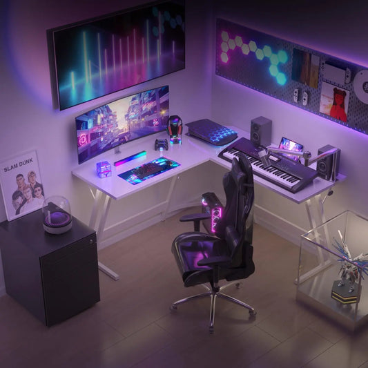 L-Form Gaming-Schreibtisch mit Monitorständer, großer PC-Computertisch für Gamer, Eckschreibtisch, Kohlefase