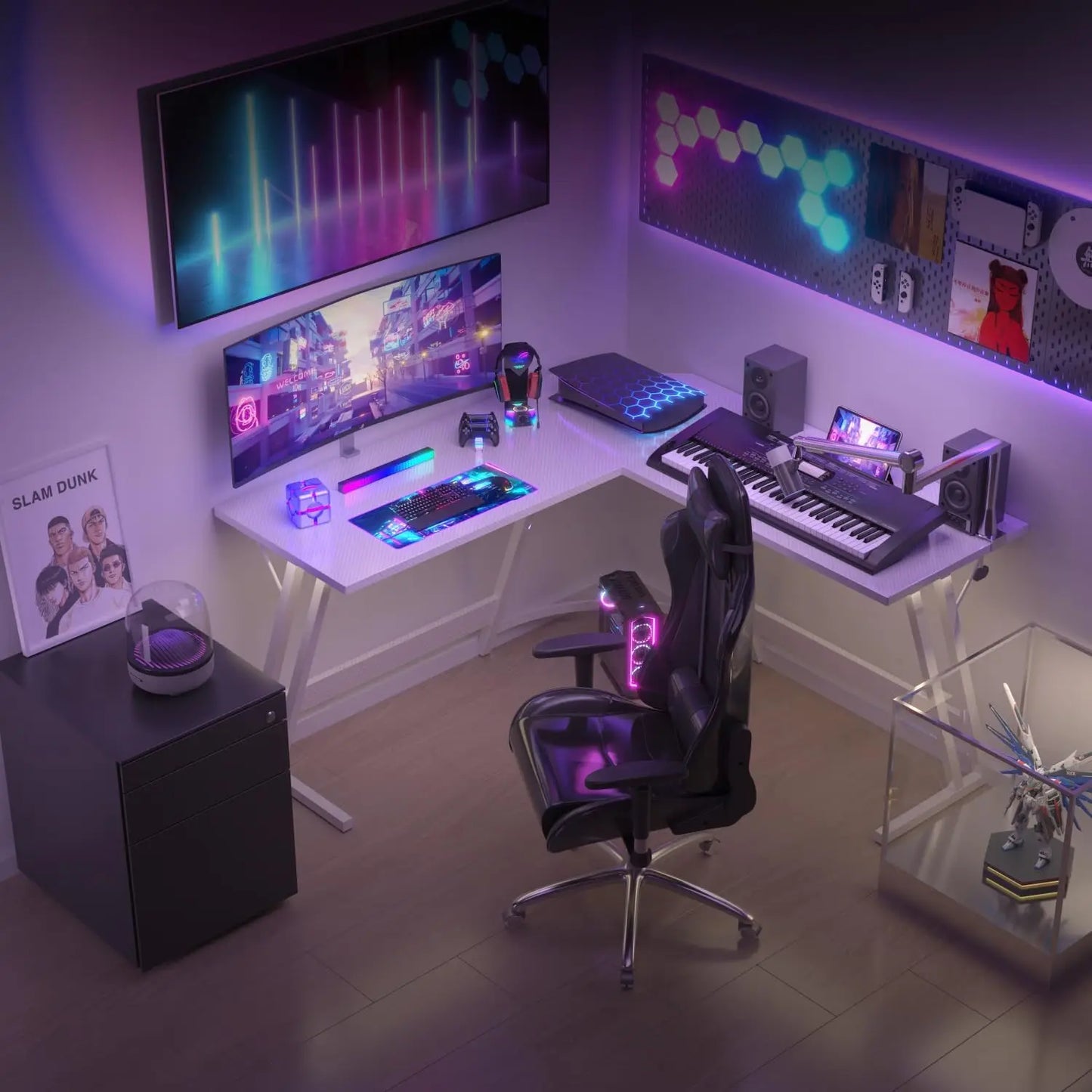 L-Form Gaming-Schreibtisch mit Monitorständer, großer PC-Computertisch für Gamer, Eckschreibtisch, Kohlefase