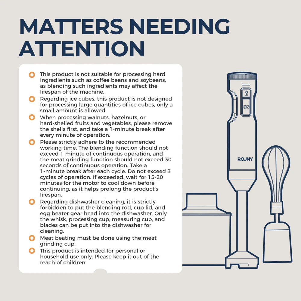 ROUNY 4-in-1 Hand Immersion Blender 1000W Powerful, Stainless Steel Stick Food Mixer,700ml Mixing Beaker,500ml Processor, Whisk.