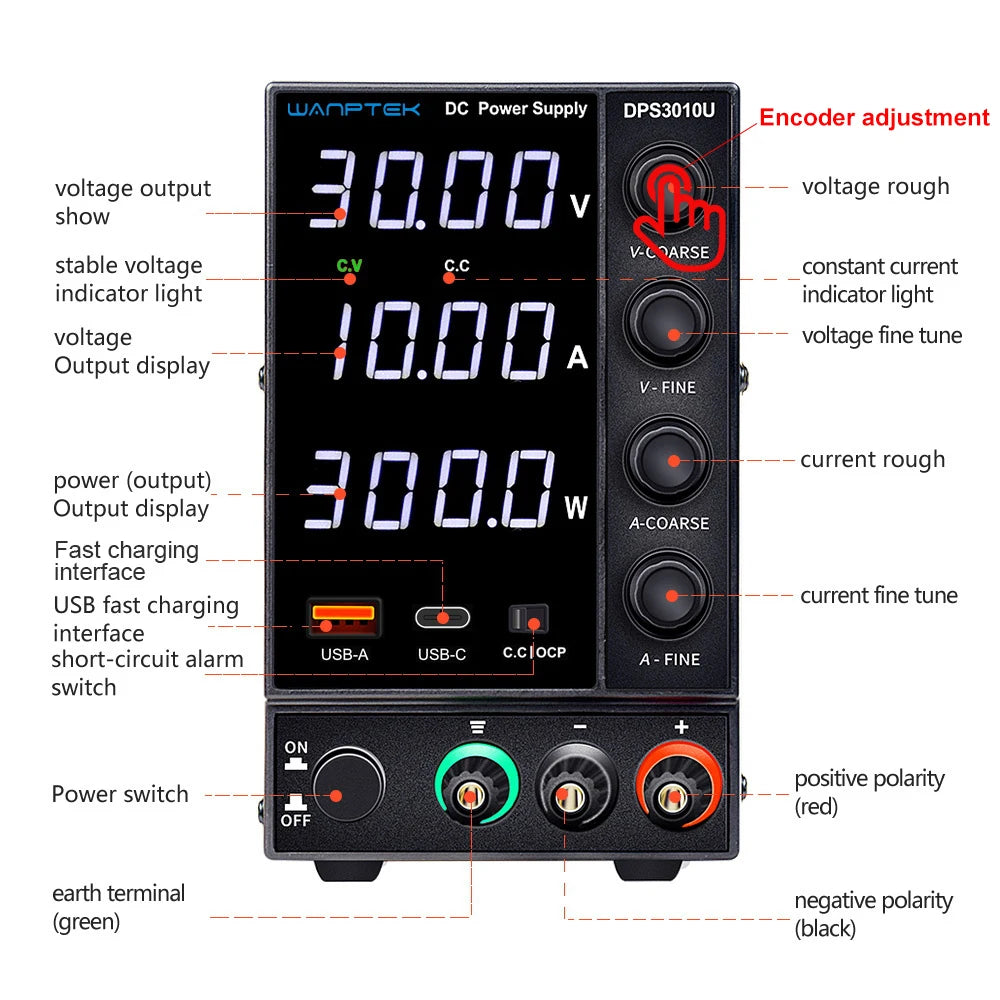 Wanptek Adjustable DC Power Supply 30V 10A LED Lab Bench Power Source Stabilized Switch Power Supply Voltage Regulator 60V 5A