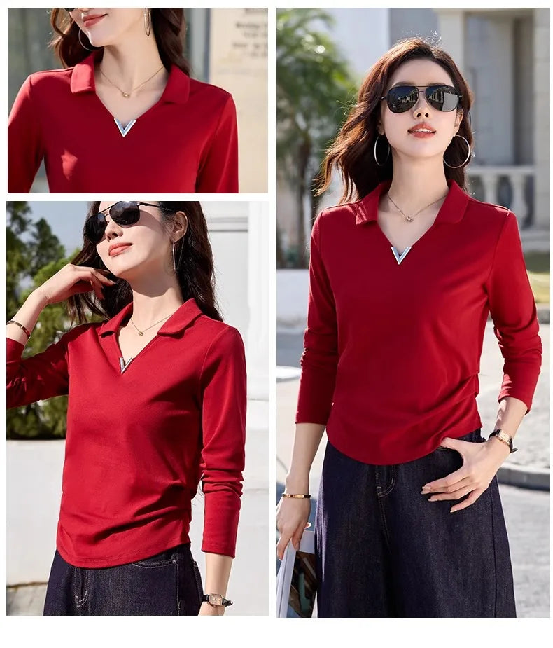 Korean version wine red long sleeved T-shirt for women in spring and autumn, new high-end fashion plus size lapel casual top.