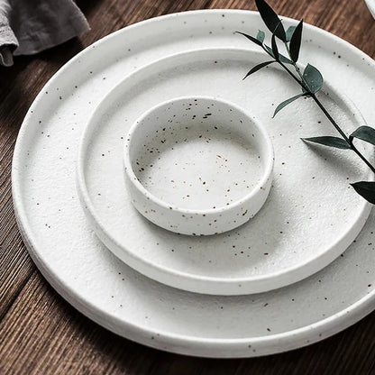 Japanese-style Tableware Set Bowls and Plates Round White Ink Point Dinner Plates Home Creative Western Dishes Dinner Plates.