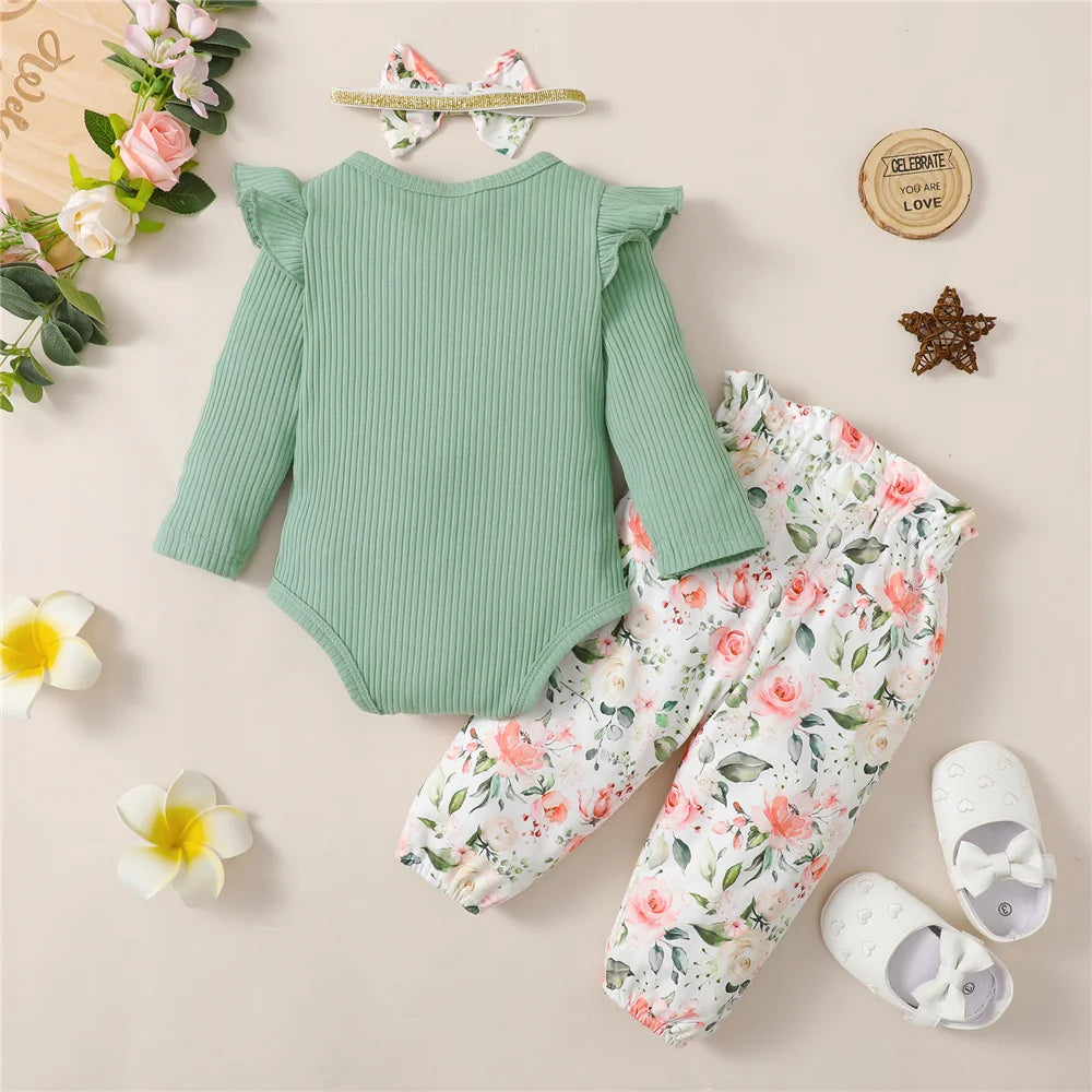 3PCS Baby Girl Clothes Set Long Sleeve Romper Top+Flowers Pant+Headband Spring&Autumn Lovely Outfit for Toddler Girl 0-18 Months.