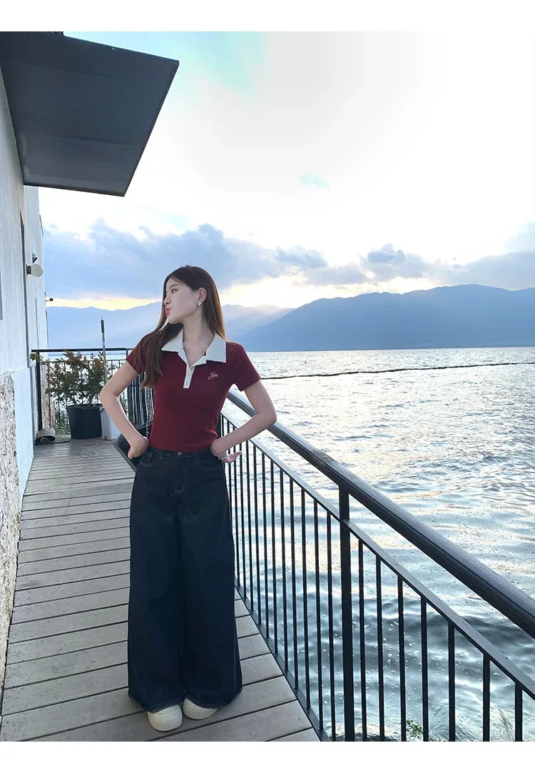 Women's Slim Fit Short Sleeve Polo Shirt Summer New Color Collision Design Red T-Shirt Top Fashionable Casual Business Wear