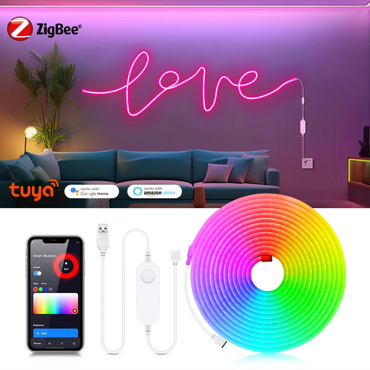 RGB Neon Light LED Strip ZigBee 5V USB Flexible RGB Rope Tube Lamp Warm/White Dimmable Lights for Tuya SmartThing Alexa Google.