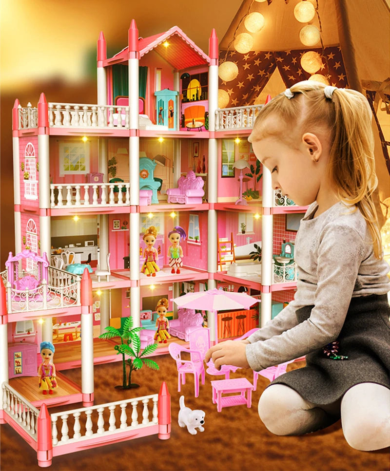 Girls Toddler Doll House - Large Doll House with 4 Dolls, Furniture, Accessories, LED Lights, 4 Stories Princess Dream House Toy.