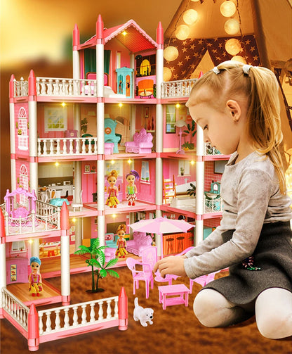 Girls Toddler Doll House - Large Doll House with 4 Dolls, Furniture, Accessories, LED Lights, 4 Stories Princess Dream House Toy.