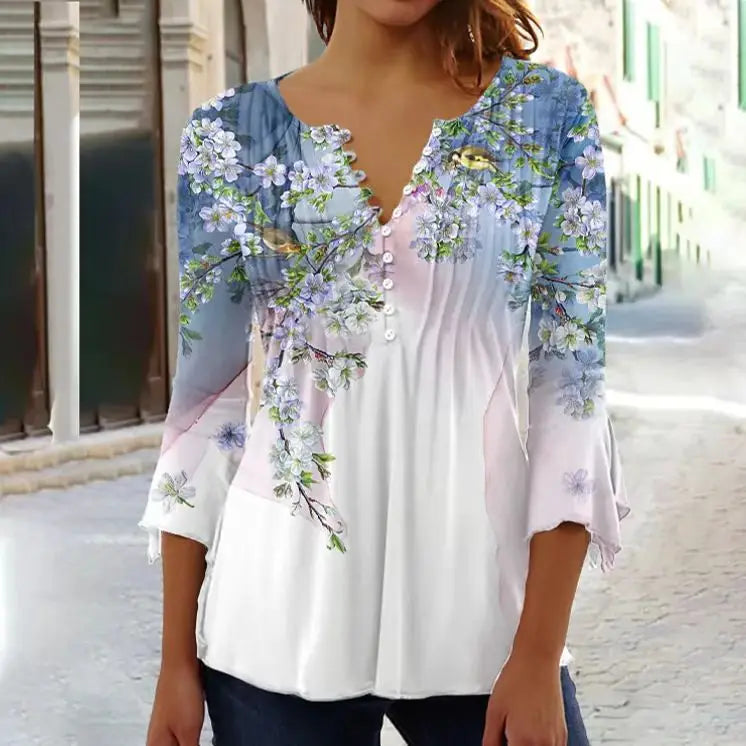 Women's Shirt Blouse Light Blue White Pink Floral Button Print 3/4 Length Sleeve Casual Holiday Basic Round Neck Regular Floral.