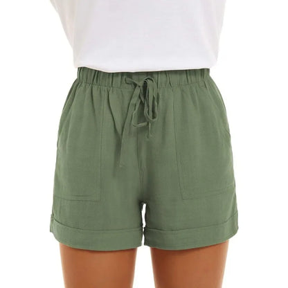 2025 Summer New Women's Shorts Loose Linen Casual Pockets Solid Color High Waist Wide Leg Pants.