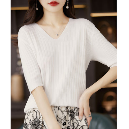 Frauen Pullover Frühling Sommer Kurzarm V-ausschnitt Strick Hemd Casual Koreanische Pullover Streifen Bodenbildung Shirt Slim Fit Jumper