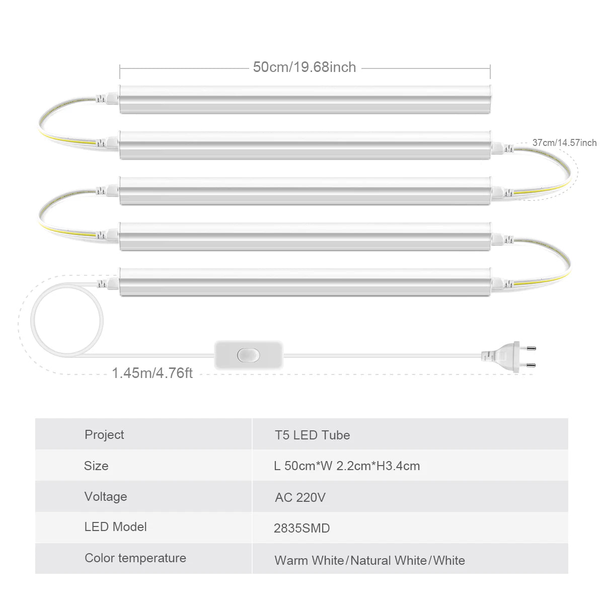 50cm T5 LED Tube Light AC85-265V, 2835 SMD Eye Protection No Flicker, Replace Fluorescent Light for Home, Office, Shop, Hotel.