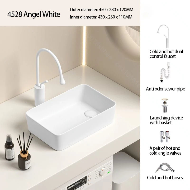 Rechteckiges Waschbecken aus Porzellan-Keramik für Badezimmer, modernes Waschbecken über der Theke mit Abflussset, Waschtischwaschbecken auf der Arbeitsplatte