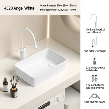 Rechteckiges Waschbecken aus Porzellan-Keramik für Badezimmer, modernes Waschbecken über der Theke mit Abflussset, Waschtischwaschbecken auf der Arbeitsplatte