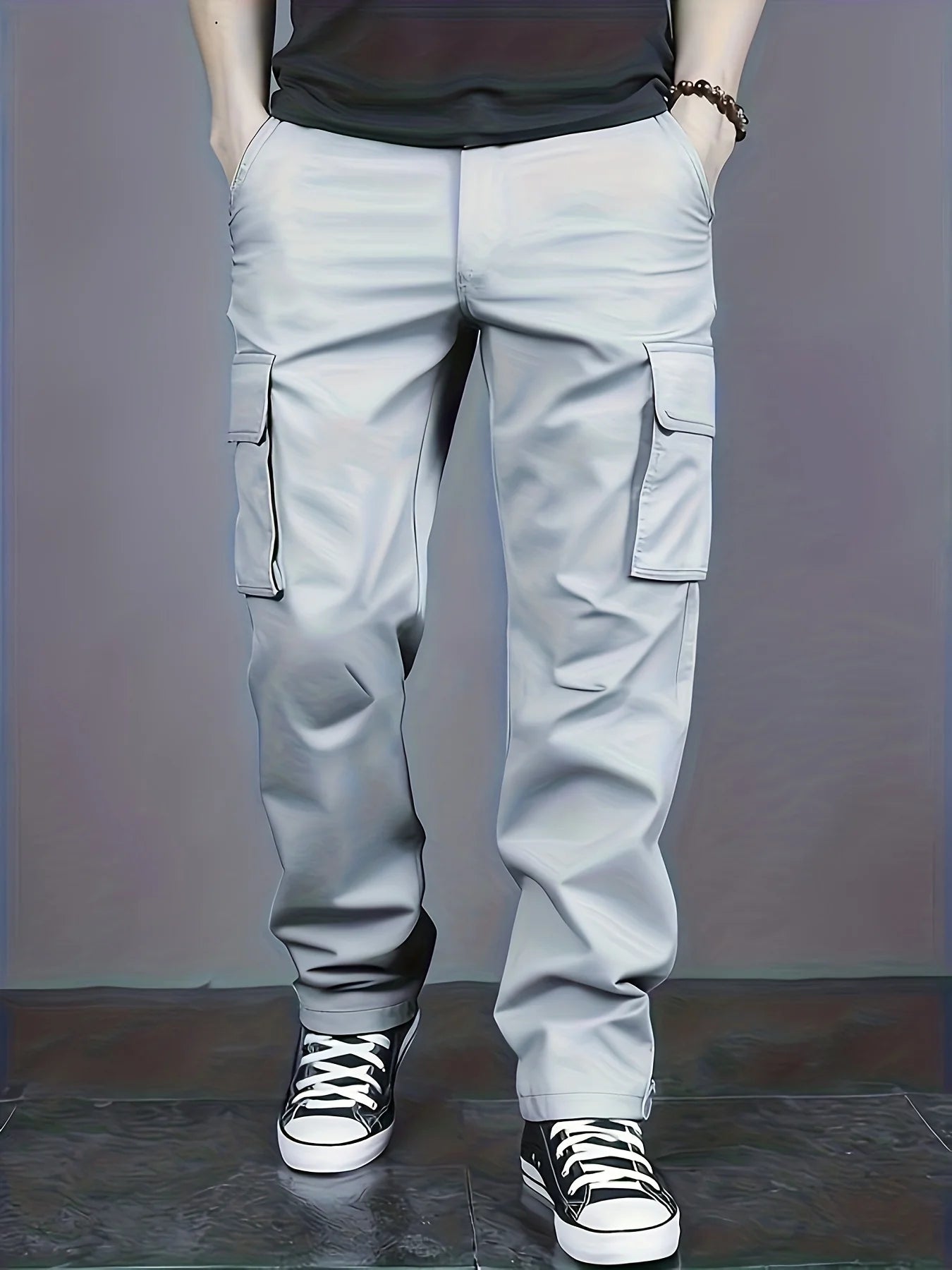 Men's casual multi pocket work pants with loose fit and drawstring waistband suitable for hikingfishingand outdoor exploration.