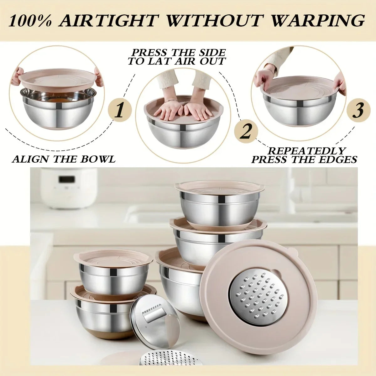 Stainless Steel Mixing Bowl Set with Lid Grinder Storage Multifunctional Kitchen Tool Set.