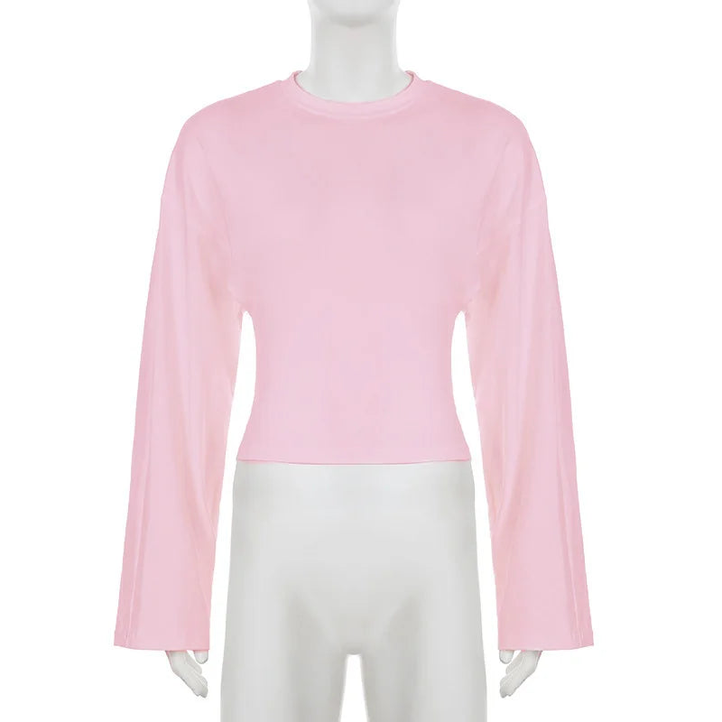 Trendix Basic Long Sleeve Crop Tops Women Summer O Neck Loose Casual Solid Pullover Top Ladies Street Party Club Fashion T Shirt