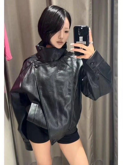 ETJ 2025 neue Damenmode, lockere Version der Stehkragen-Kunstlederjacke, Streetstyle, coole, hübsche Lederjacke