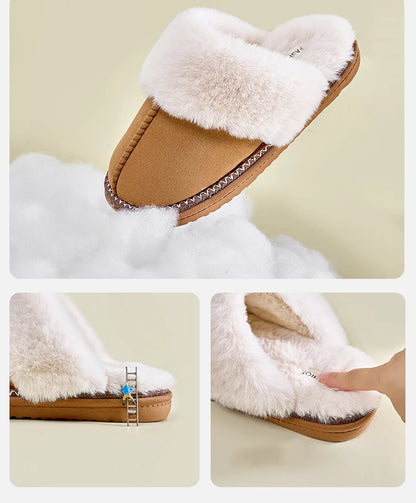 Litfun Women's Warm Fuzzy Slippers Winter New Fur Collar Indoor Plush Flat Slides Fluffy Women Cotton Shoes Furry House Slippers.