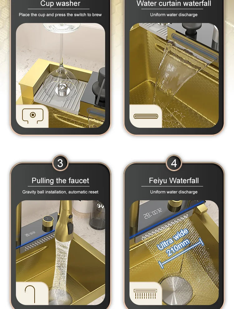 Golden Stainless Steel Waterfall Kitchen Sink Gold Embossed Extra Large Single Slot Digital Display Dishwashing Basin 100x50cm