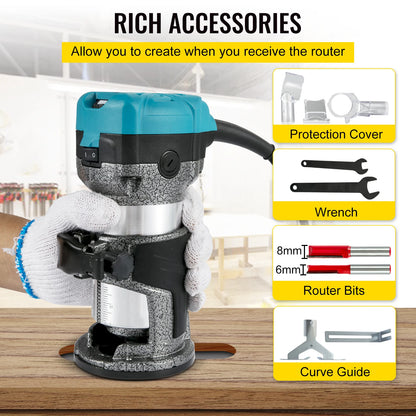 VEVOR Elektrik Hand Holz Oberfräse 800 W, Einhand Oberfräse 30000 U/min, Holz Kantenfräse, 3 Spannzangen, Soft-Start, Aluminiumlegierung, Drehzahlregelung, Elektrische Oberfräse Holzbearbeitung