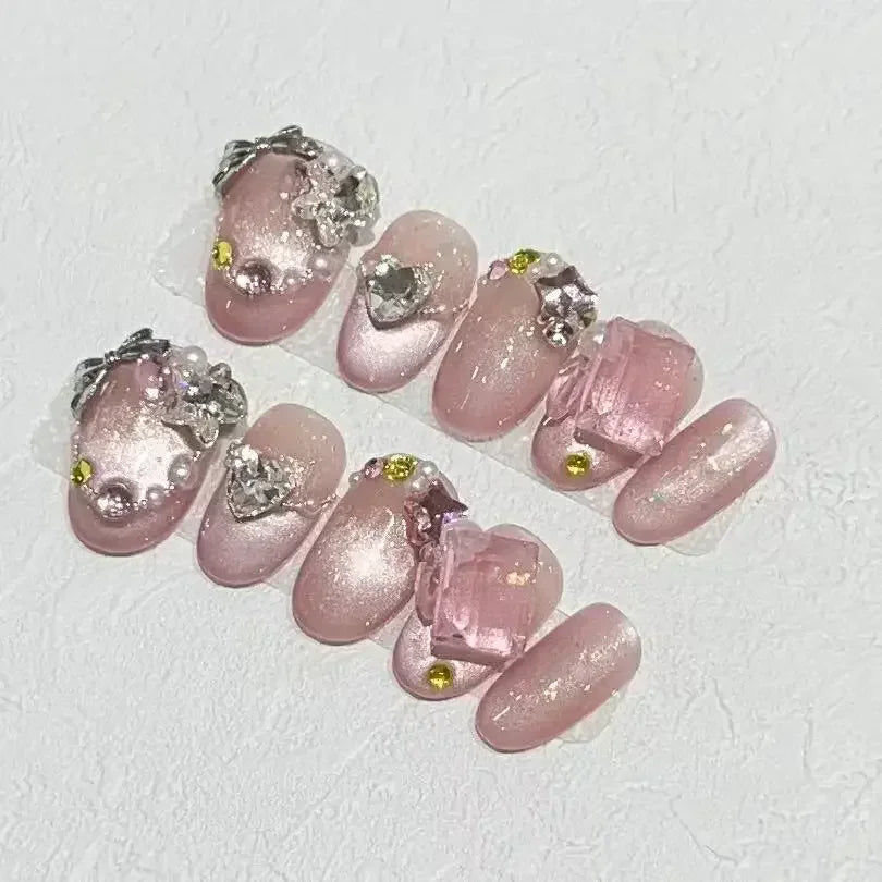 10Pcs Short Handmade Pink Press on Nails Spring French Rhinestone Full Cover Fake Nail Plaid Manicure Wearable Nail Tips Art.