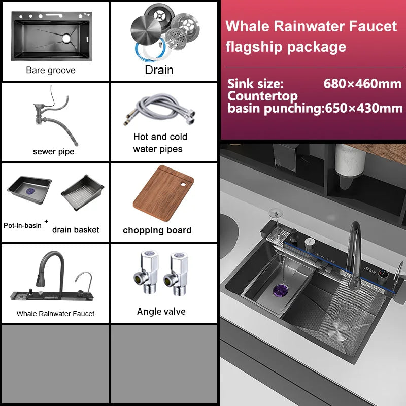 Edelstahl-Küchenspüle, multifunktionale Digitalanzeige, Wasserfall, großer Einzelschlitz mit Rack für Messerwaschbecken
