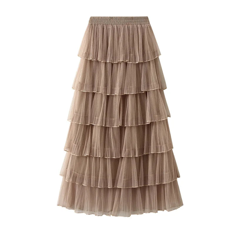 Beiyingni Woman Mesh Long Midi Cake Skirt Solid Color Elegant French Tiered Fairy Tulle Skirts Khaki Casual High Waist Faldas.
