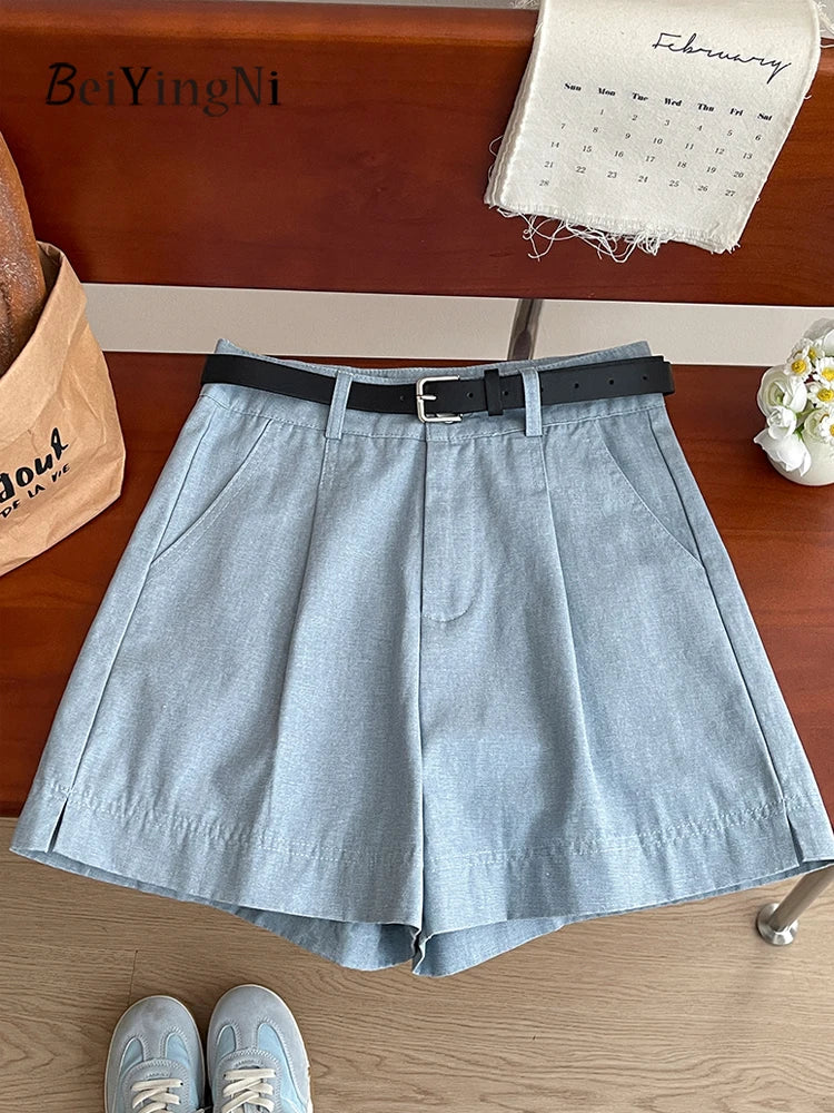 Beiyingni Korean Women High Waist Shorts With Belt Elegant Cotton Linen Casual Slim Female Shorts White Street Short Cargo Pants