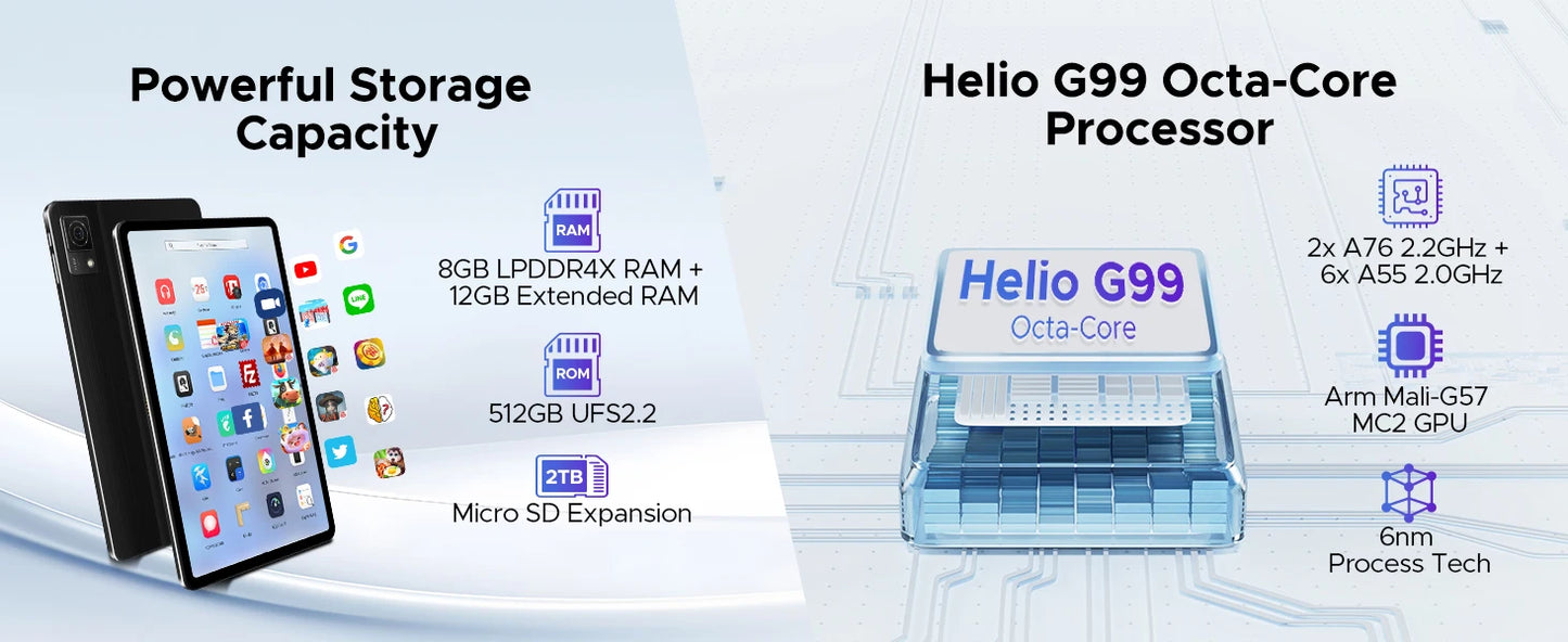 DOOGEE T40 Android Tablet 14 11 ''IPS 2.5K 8GB RAM 512GB ROM Helio G99 8580mAh 18W Charge Face Unlock 7.6mm ultra-thin Tablet.