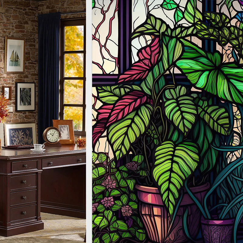 Colorful Retro Flower Bird Window Film PVC Electrostatic Glass Stickers Stained Window Films Static Cling Frosted Glass Film.