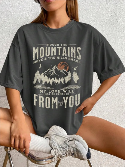 Spring Woman Cotton T-Shirts Mountains Setting Sun Printed Short Sleeve Tees Fashion Female Clothes Comfortable Soft Street Tops.