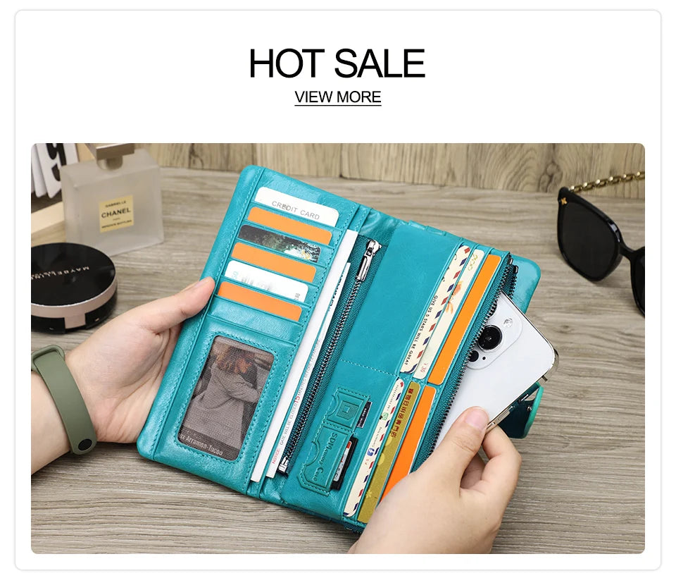 Contact's New Genuine Leather Wallet Fashion Coin Purse For Ladies Women Long Clutch Wallets With Cell Phone Bags Card Holder.