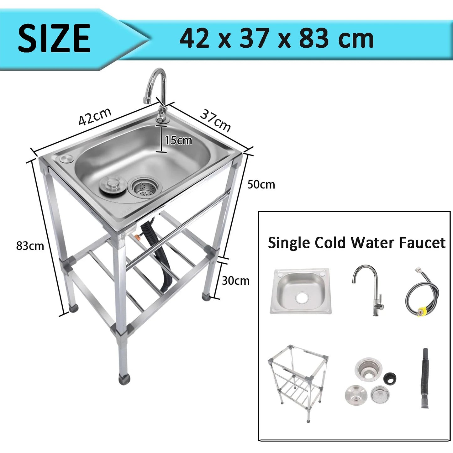 Freistehendes Küchenspülbecken aus Edelstahl mit Kaltwasserhahn – Einzelschüssel-Design, geeignet für Camping, Gärten, Wäsche.