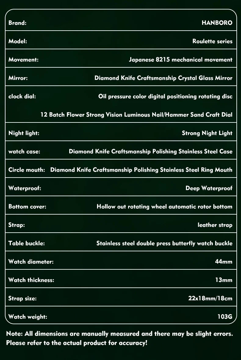 HANBORO men's fully automatic mechanical watch, roulette wheel, roulette wheel, men's watch 1001