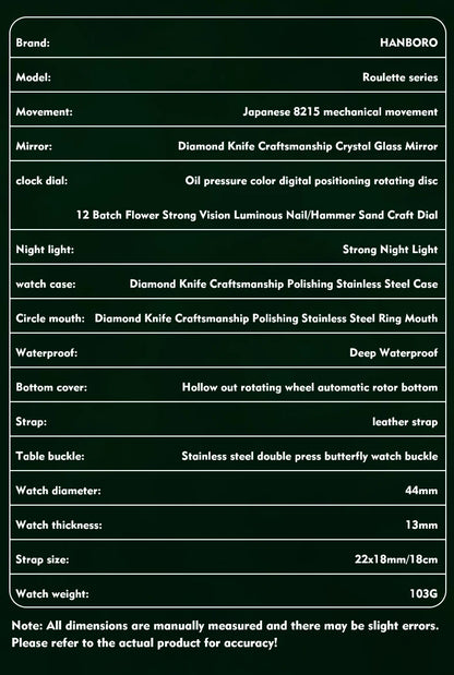 HANBORO men's fully automatic mechanical watch, roulette wheel, roulette wheel, men's watch 1001