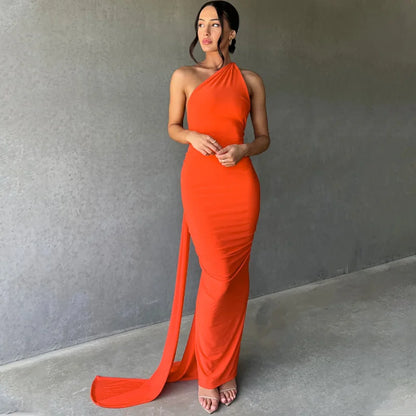 Mozision Schräge Schulter Backless Maxi Kleid Für Frauen Kleid Sommer Zurück Strap Ärmellose Geraffte Party Sexy Langes Kleid Vestidos