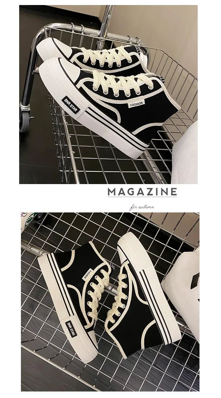 Maogu Women Autumn 2023 New Fashion Thick Platform Leisure Sports Shoe White Sneakers Breathable Casual High Top Canvas Shoes 40