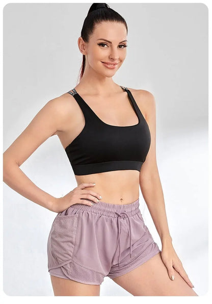 Women's Elastic Sports Shorts, Shorts With Pockets, Fake Two-Piece Yoga Leggings Running And Training.