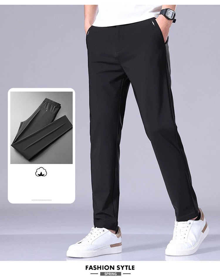 Ultra-thin Elastic Men's Casual Trousers Summer Quick-drying Ice Silk Slim Straight Business Solid Color Trousers Black Gray.