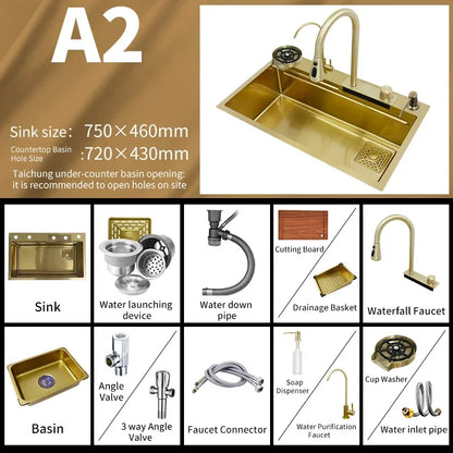 Waterfall Kitchen Sink Gold 304 Stainless Steel Modern Multifuctional Large Sink  Above Counter Apron Front Installation