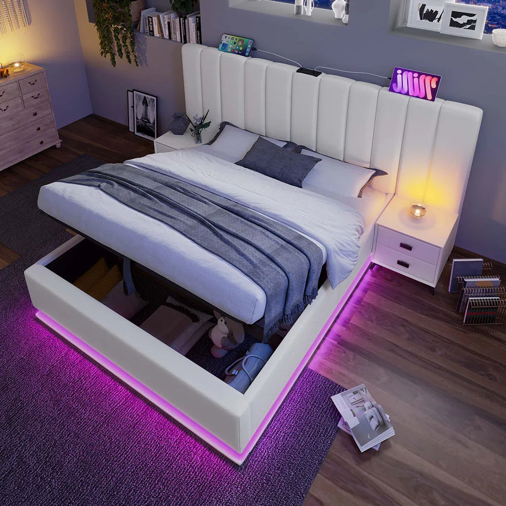 KOMHTOM Polsterbett, Stauraumbett mit LED und USB-C Ladefunktion, PU (Ohne Matratze und Nachttisch)