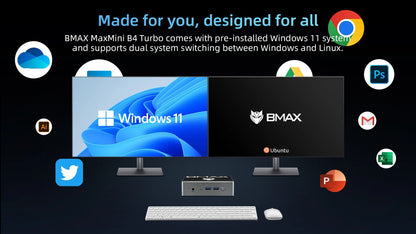 BMAX B4 Turbo Mini PC Windows 11 PC Intel N150 16GB 512GB SSD 2*HDMI 1*Type-C Supports 4K@60Hz 1000MHz Intel Graphics.