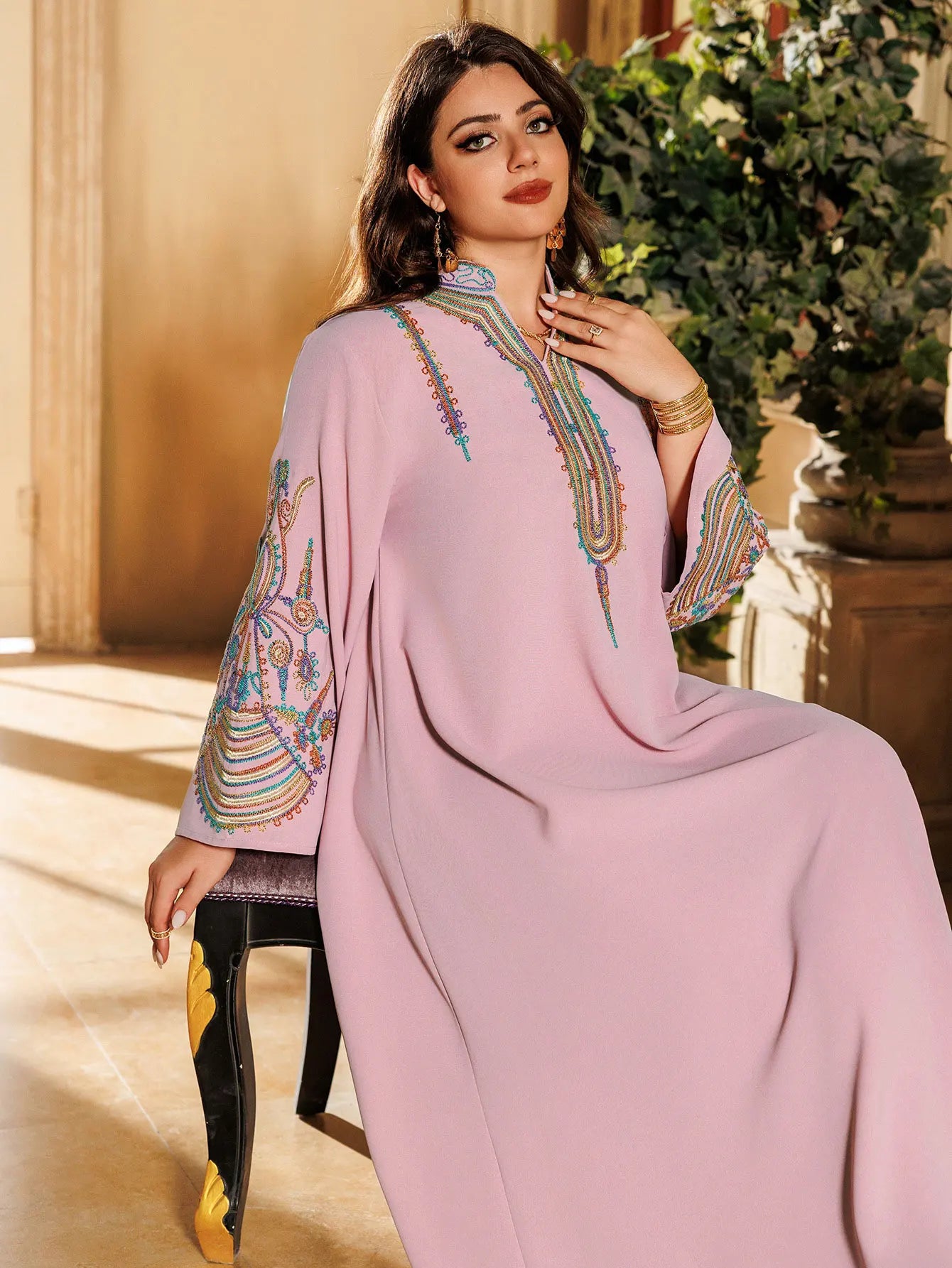 New Dubai Luxury Navy Blue Muslim Abaya Colorful Intricate Embroidery on Neckline Sleeves for Middle Eastern Weddings End Iftar.