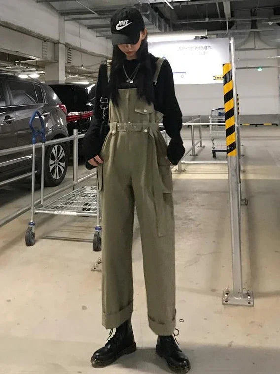 Jumpsuits Women Design Loose Fashion Vintage Students Spring Korean Style Straight Leisure Belt Simple Solid Elegant Tender Cozy.