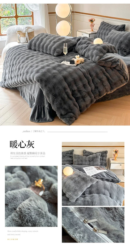 2024 new solid color colorful rabbit wool four-piece set, one side of rabbit fur and one side of milk wool thickened warm