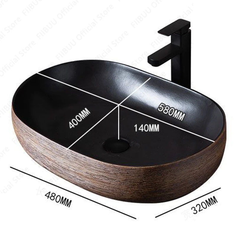 Braunes Porzellan-Keramik-Waschbecken über der Theke, Waschtisch, Schüsselbecken, Badezimmer, Sanitär, Balkon, Tisch, Waschbecken, Arbeitsplatte, ovales Waschbecken