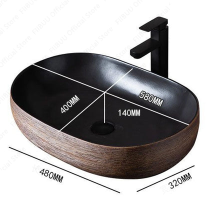 Braunes Porzellan-Keramik-Waschbecken über der Theke, Waschtisch, Schüsselbecken, Badezimmer, Sanitär, Balkon, Tisch, Waschbecken, Arbeitsplatte, ovales Waschbecken